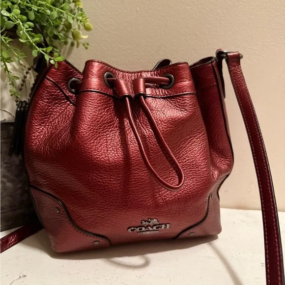 Coach Metallic Garnet Red Mickie Drawstring Crossbody Bag W/Gun Metal Hardware - Picture 1 of 7